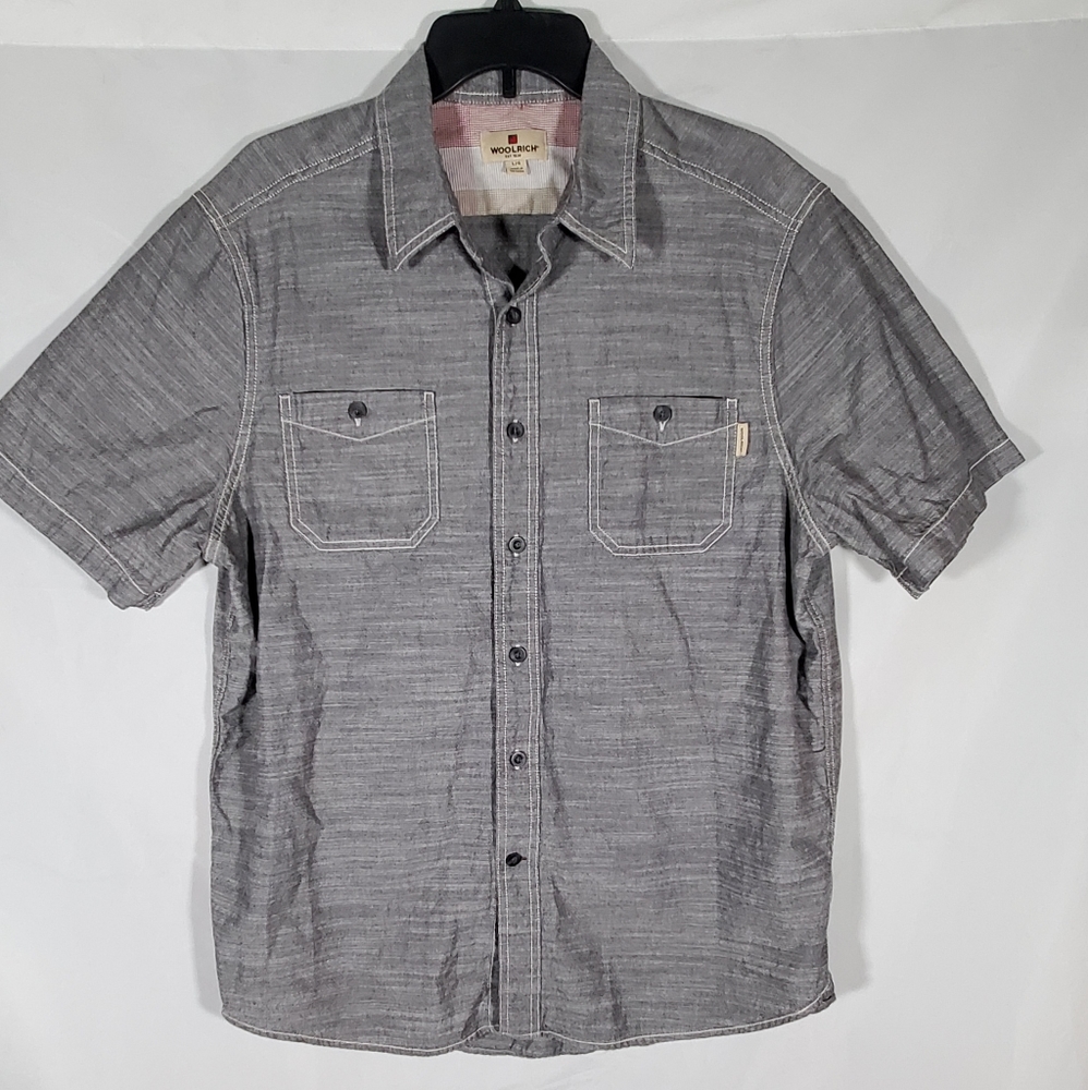 WOOLRICH FOSSIL GREY CLASSIC DENIM SHORT SLEEVE THICK STITCH BUTTON UP